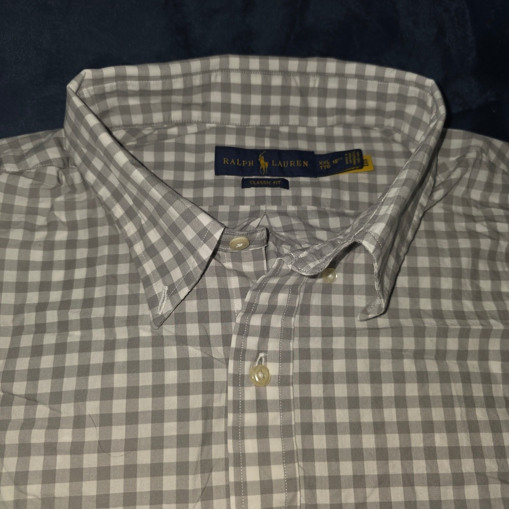 Ralph Lauren Mens Classic Fit Gray‎ Gingham Button Down Shirt XXL 18.5 Pony Logo